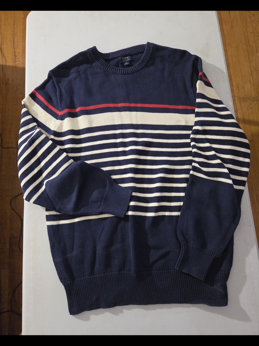 J. Crew Navy Crewneck Sweater with Cream Stripes and Red Accent
